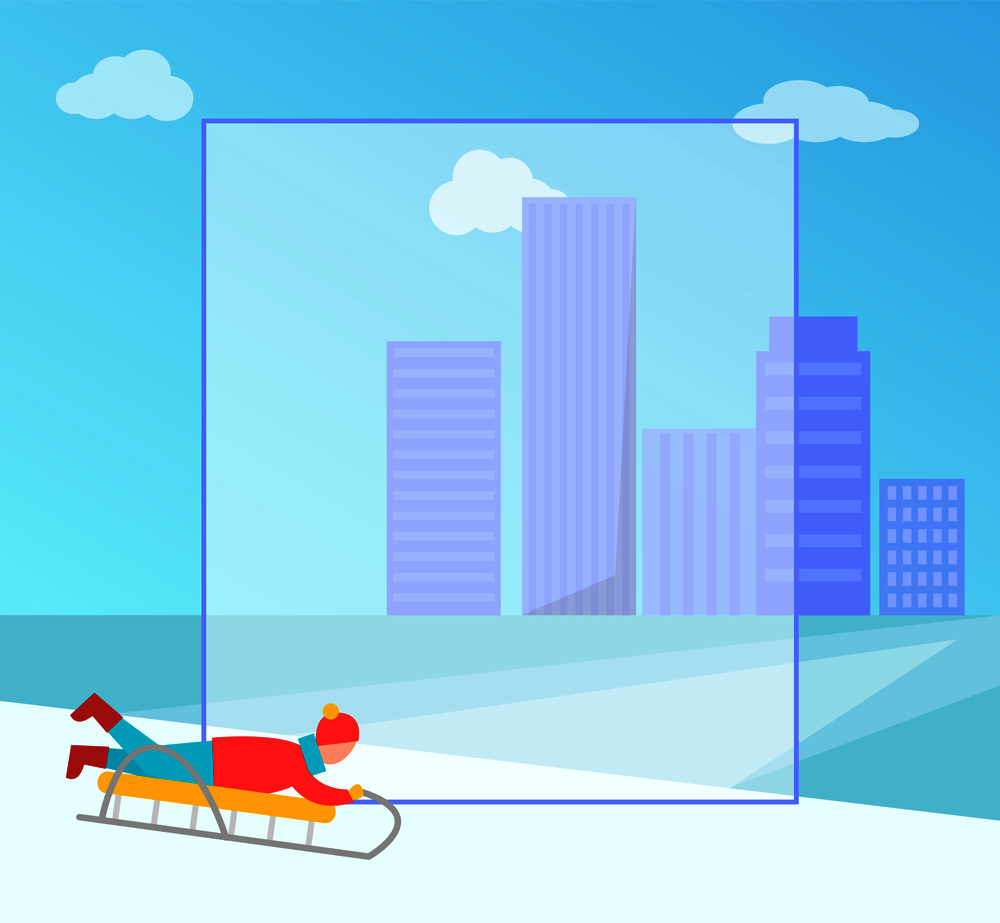Winter banner with filling form for you to place your own text, child going downhill on sledge? cityscape on background on vector illustration. Winter Banner and Filling Form Vector Illustration
