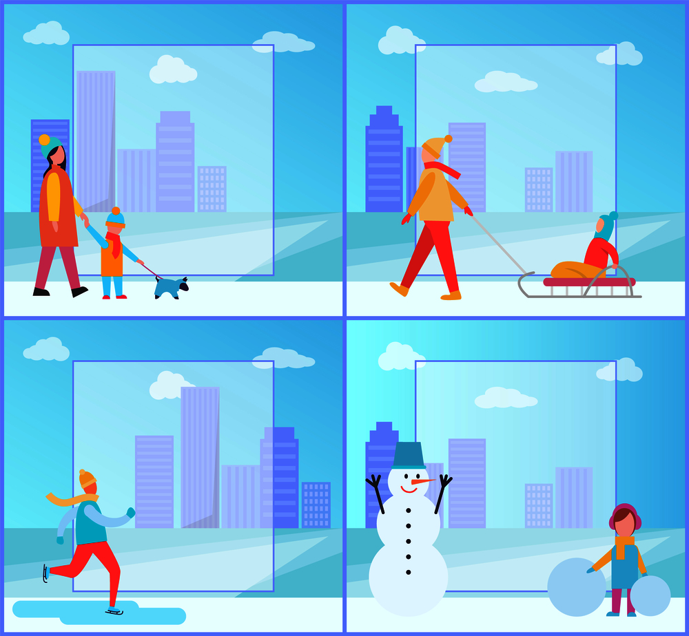 Winter activities collection, people on posters, family walking dog, mother and child on sledge, skier and snowman with girl on vector illustration. Winter Activities Collection Vector Illustration