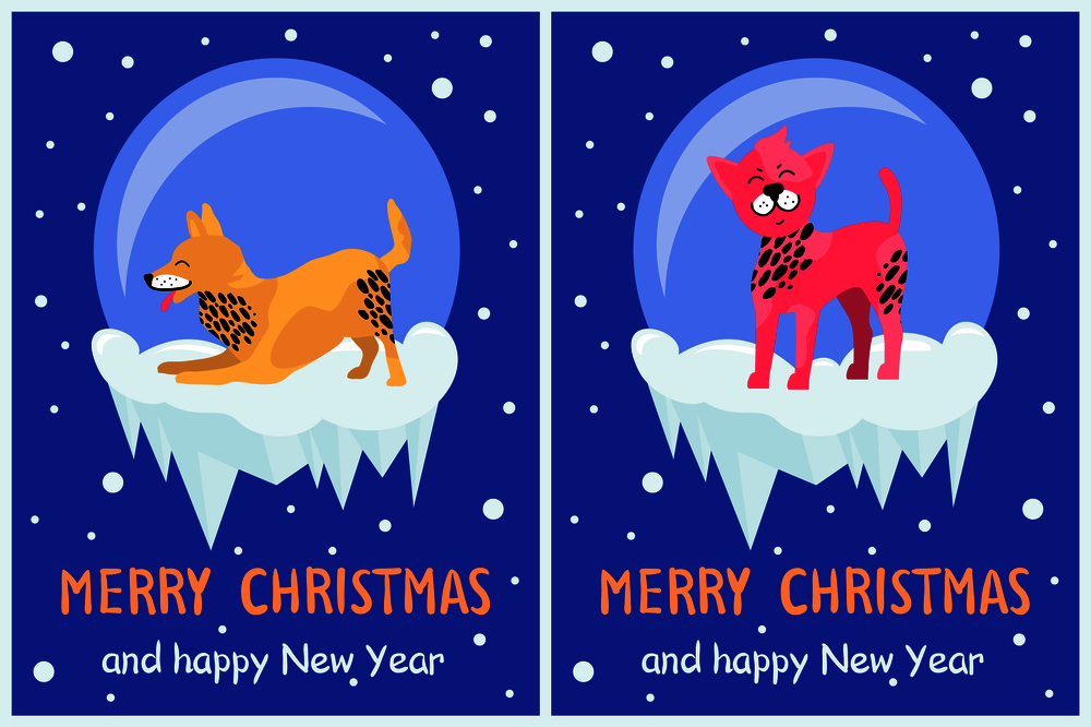 Merry Christmas and happy New Year dog symbol in snowy bubble on dark background. Vector illustration friendly puppies of beige and pink color with dots. Merry Christmas and Happy New Year Dog Symbol