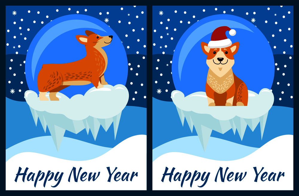Happy New Year congratulation from corgi on blue background with snowfall. Vector illustration with cute dog Chinese symbol of coming year posters set. Happy New Year Congratulation from Playing Corgi