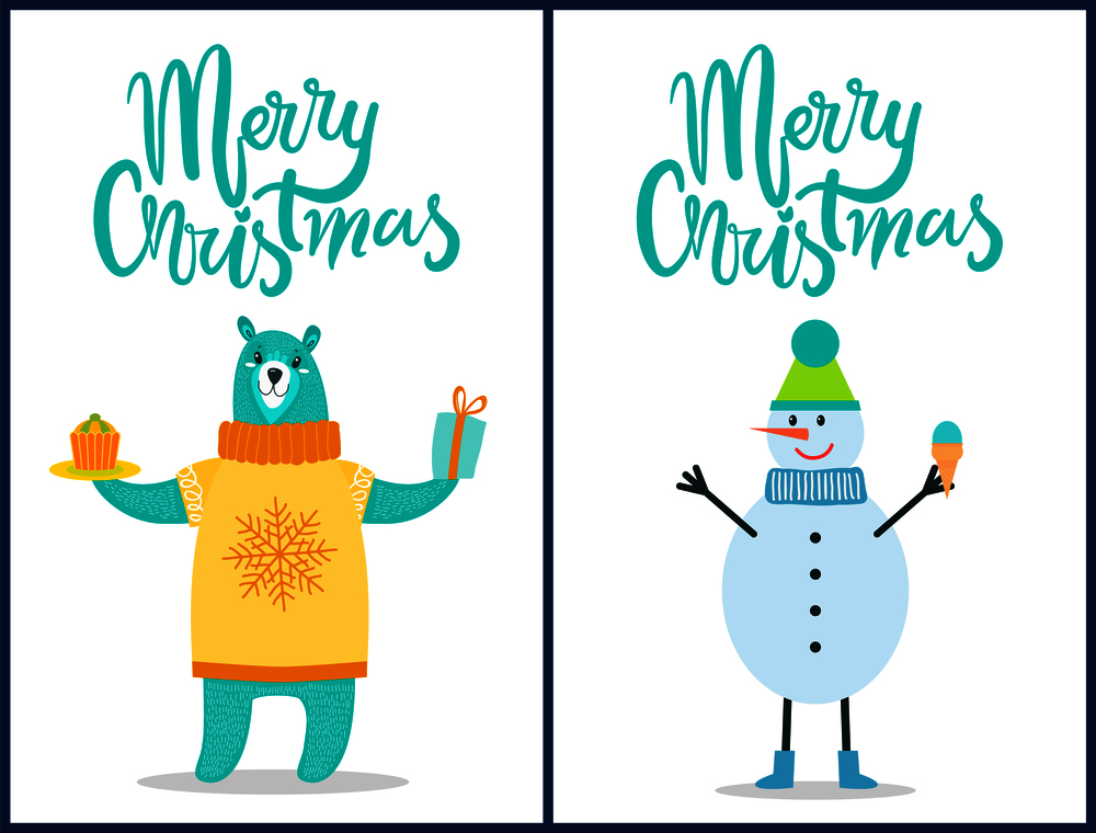 Merry Christmas bright posters with congratulation on white background. Vector illustration with snowman in scarf and bear in knitted sweater with gift. Merry Christmas Bright Posters with Congratulation