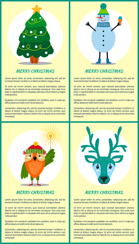 Merry Christmas posters with text, decorated fir green tree, snowman holds cupcake, cute owl and reindeer head with luxury horns vector banners set. Merry Christmas Tree Snowman Owl Deer Posters Set