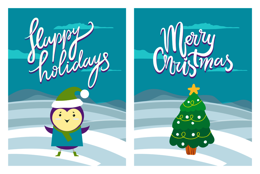 Happy holidays Merry Christmas greeting postcards with purple bird and tree with garlands and star on top isolated cartoon flat vector illustrations. Happy Holidays Merry Christmas Greeting Postcards