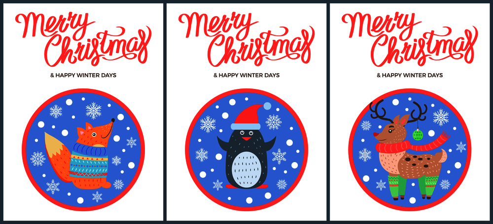 Merry Christmas and happy winter days, poster with text and fox, wearing blue sweater, penguin in hat and deer in socks vector, snowflakes in circle. Merry Christmas and Winter Vector Fox Penguin Deer