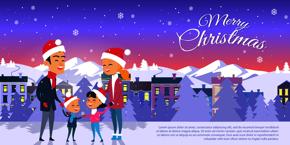 Postcard with Merry Christmas text. Vector illustration of family father with attractive mother, young daughter and son at snowy street in red hats. Mountains and houses behind family, city landscape. Postcard with Merry Christmas on City Background