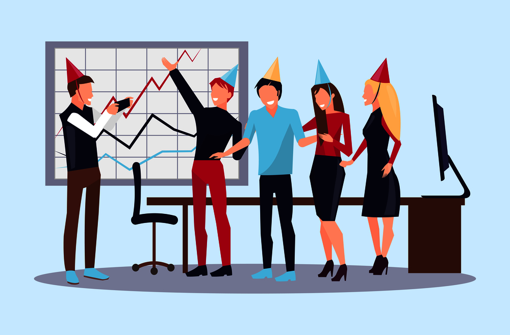 Corporate party, people celebrating success of their company, they are in office with whiteboard and graphic on it vector illustration. Corporate Party Celebrating Vector Illustration