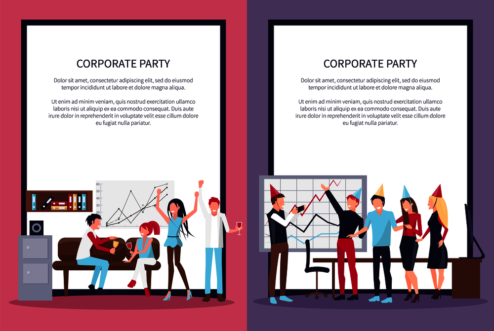 Corporate party set of two representing people drinking wine and celebrating, workplace with sofa, whiteboard and computer on vector illustration. Corporate Party Set of Two on Vector Illustration