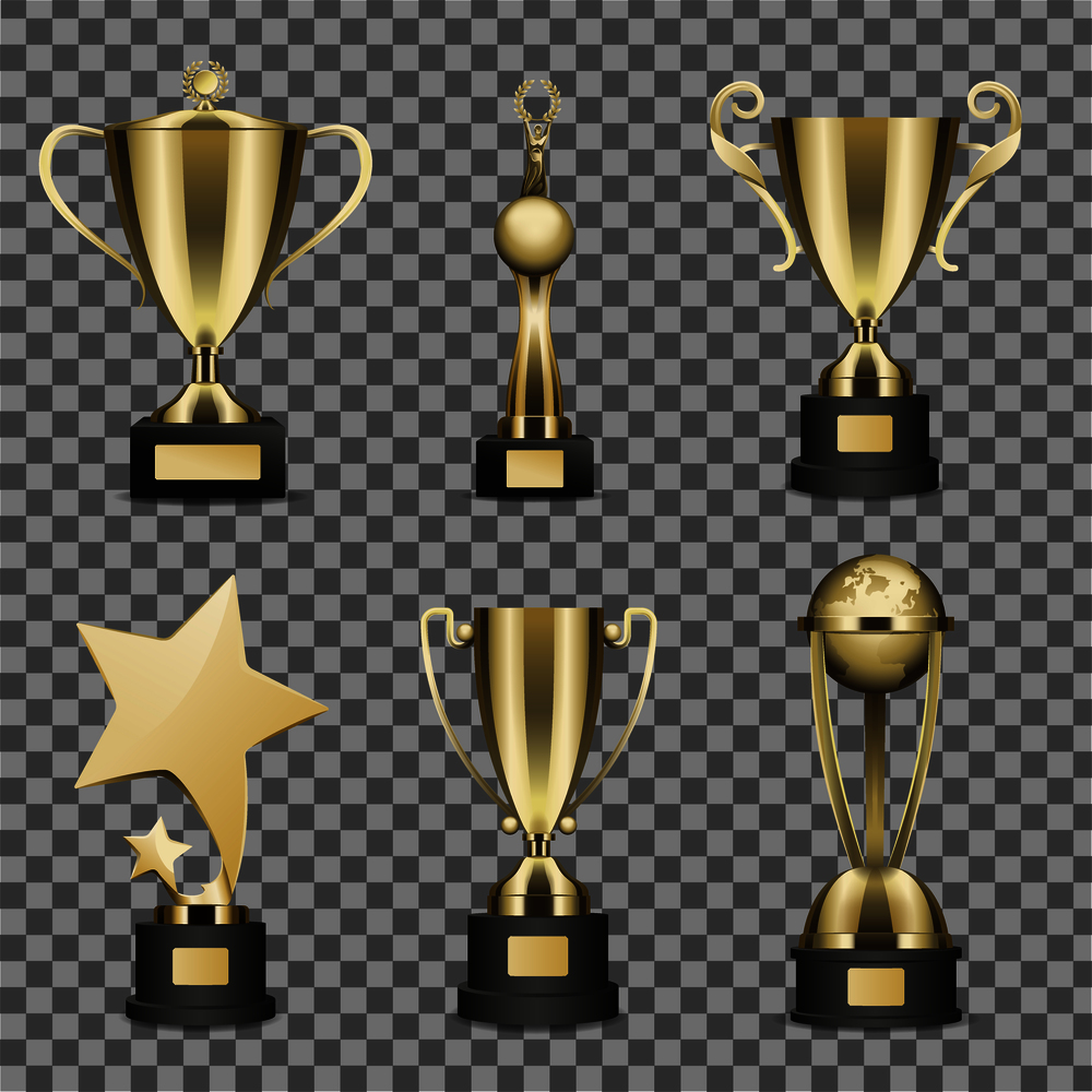 Concept of six golden trophy cups for champion on transparent background. Sparkling chalice in form of star or sphere, vector illustration. Concept of Six Golden Trophy Cups for Champion