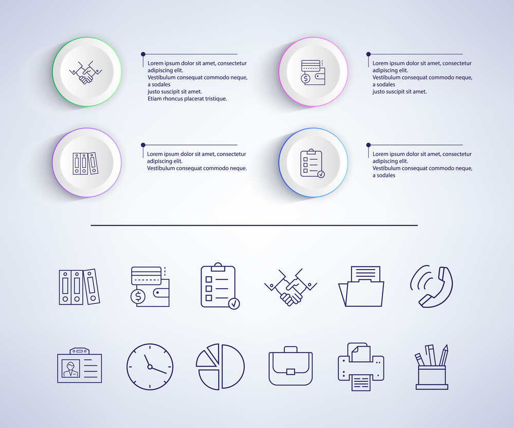 Infographic with explanatory text sample and icons of handshake and documents, wallet and paper near it vector illustration isolated on grey. Infographic with Text, Icons Vector Illustration