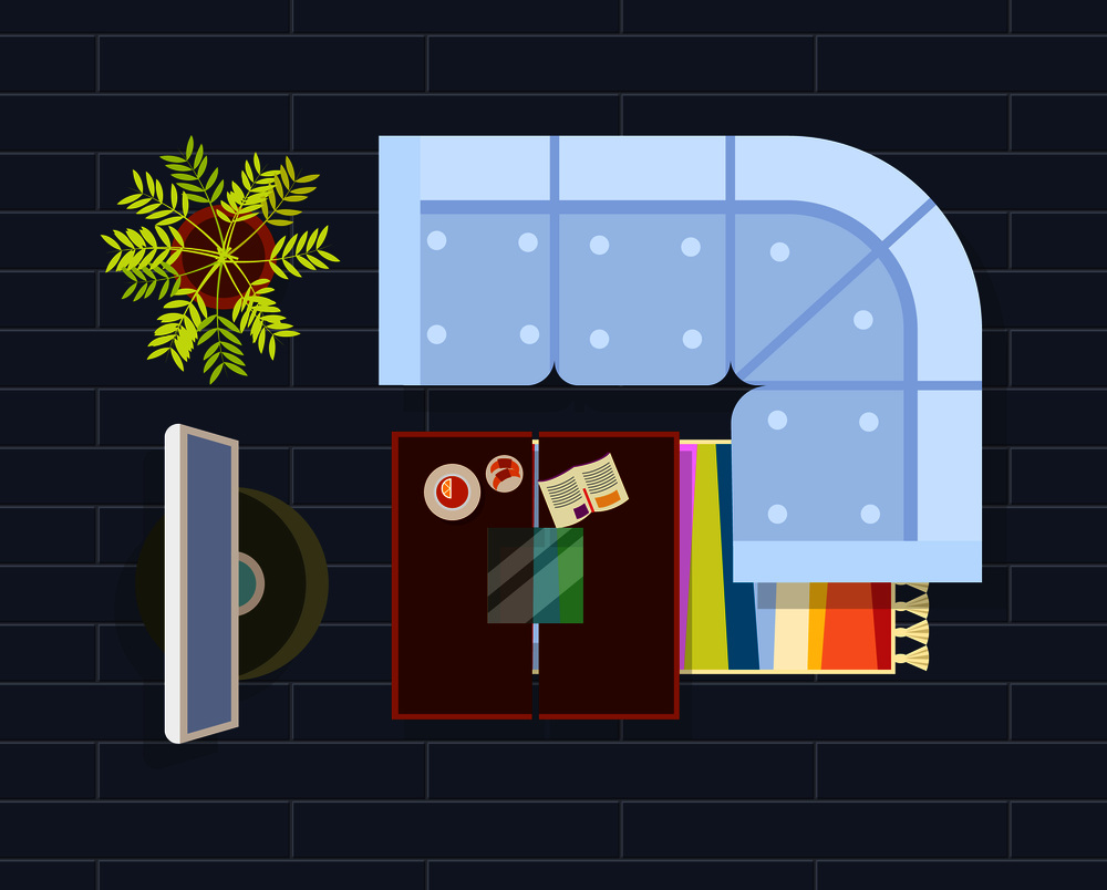 Living room planning with sofa, television set, plant and coffee table with plate and magazines on it vector illustration of dark colors. Living Room Planning Dark Vector Illustration