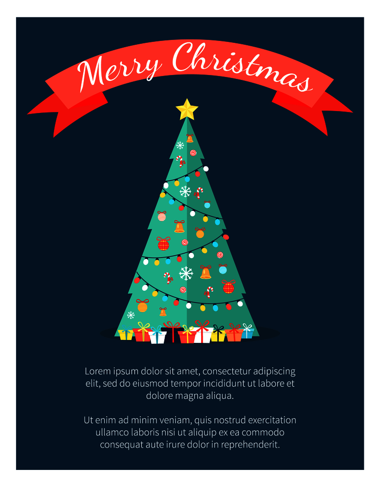 Merry Christmas poster with decorated tree by garlands, bells and bows on ribbons, golden star on top, packed presents in gift boxes vector illustration. Merry Christmas Poster with Decorated Tree by Garlands