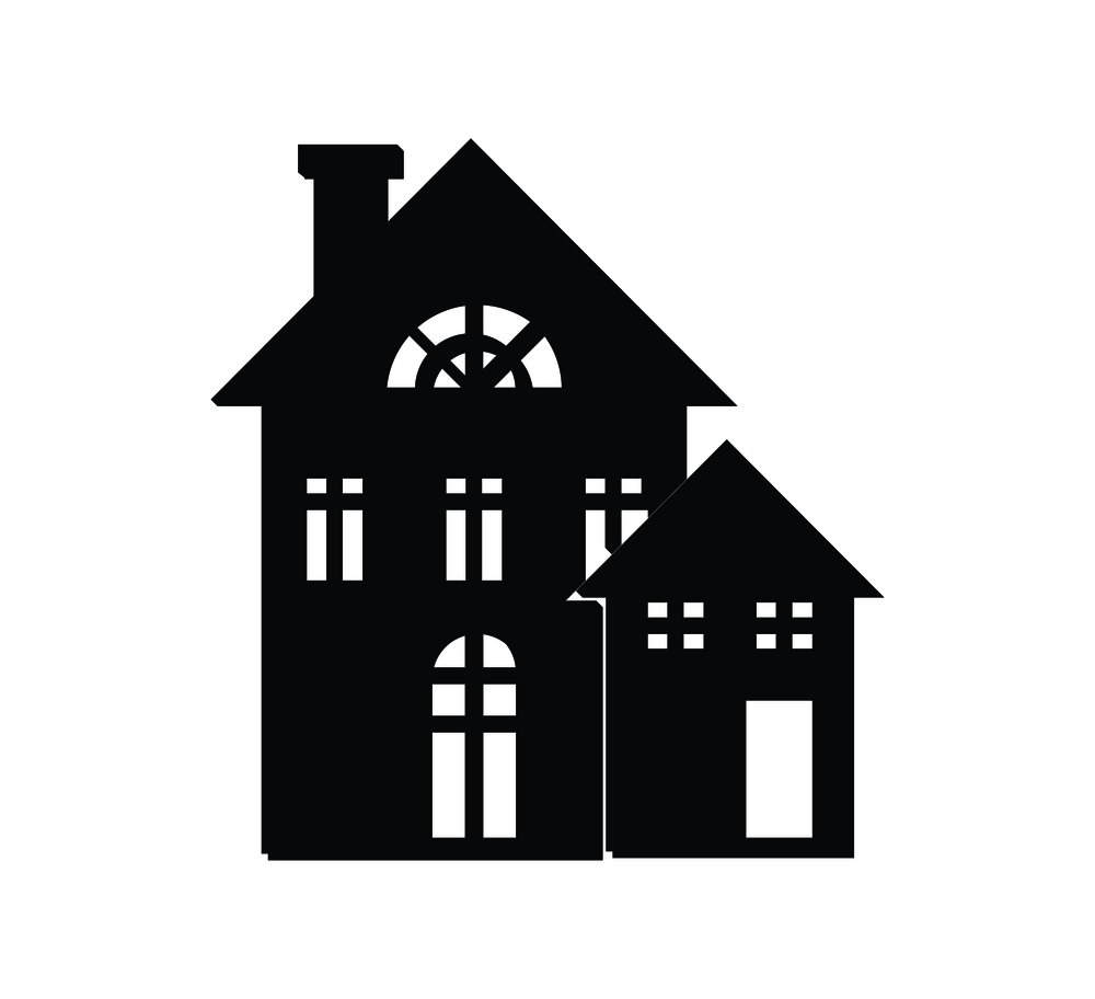 Rural three storey building black silhouette with chimney and entrance door and small dwelling in front of it vector illustration isolated on white. Rural Three Storey Building Black Silhouette Icon