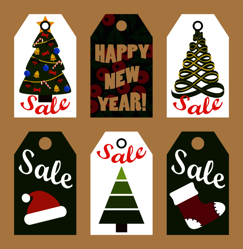 New Year Sale cardboard tags with decorated trees, red hat, knitted sock and holly plant with thick sign vector illustrations set on white background.. New Year Sale Tags with Trees and Decorations