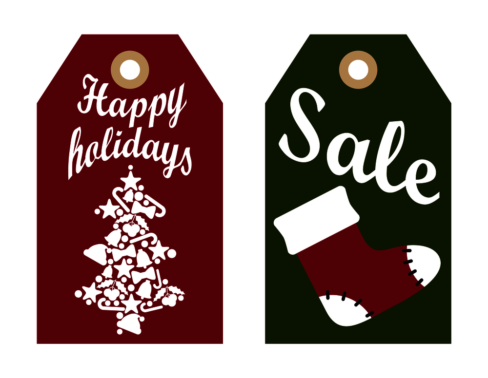 Happy holidays sale promo labels with red sock and decorated abstract tree, symbols of Christmas and New Year vector tags informing about discounts. Happy Holidays Sale Promo Labels Red Sock and Tree