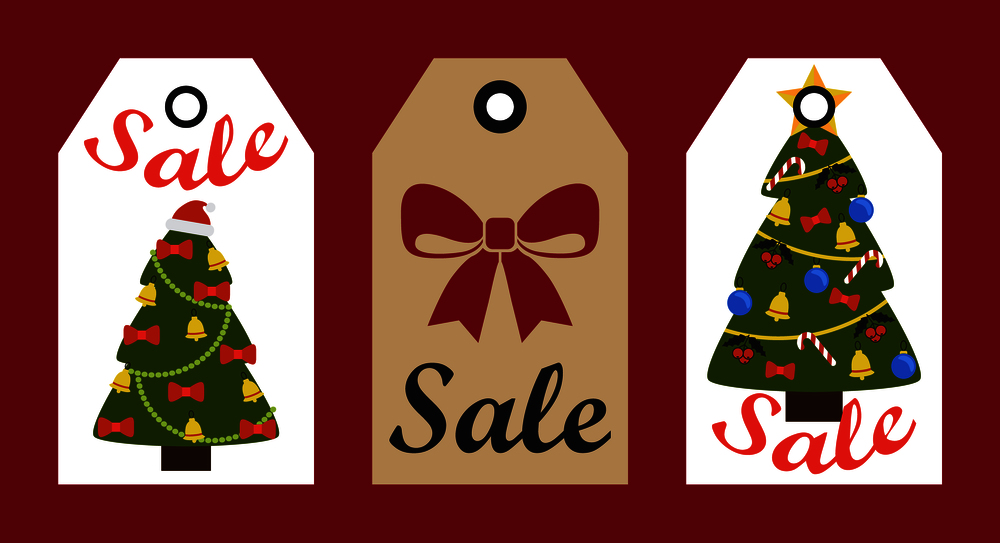 Sale New Year stickers set with images of Christmas trees decorated with balls and bells, hat and garlands, ribbons and mistletoe vector illustration. Sale New Year Stickers Set on Vector illustration