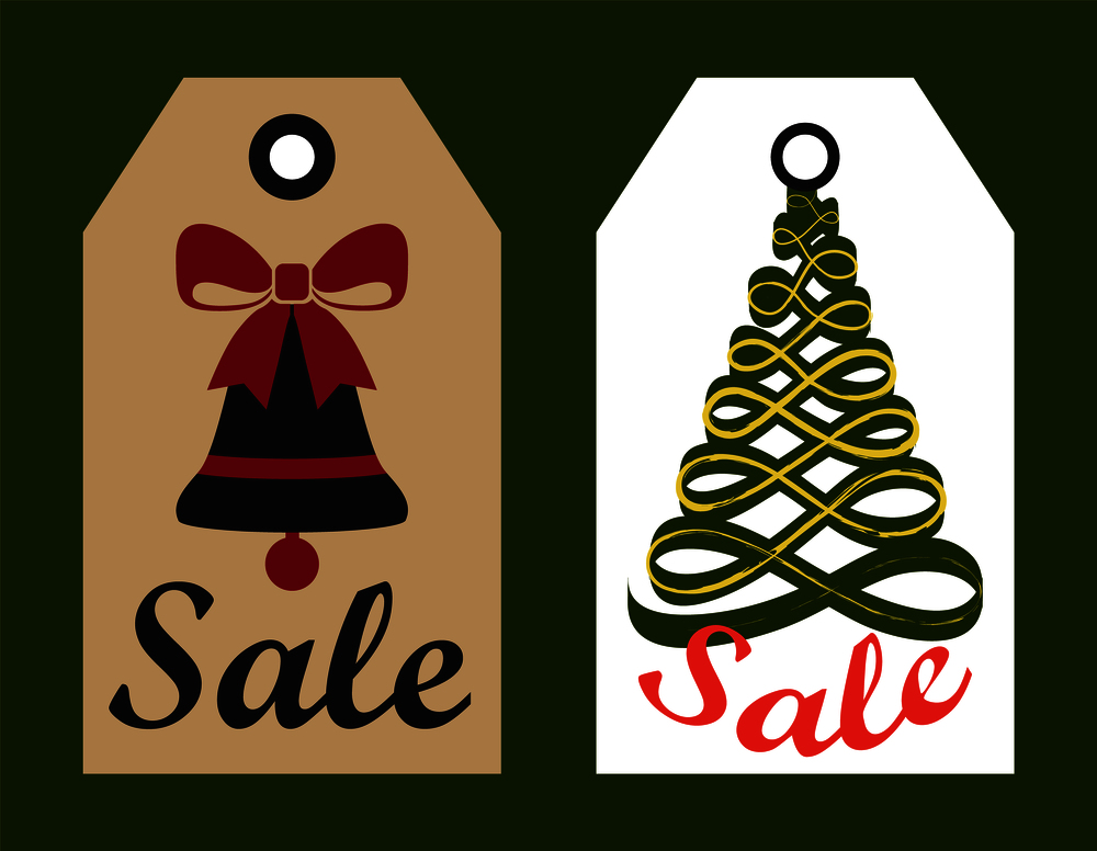 Sale advertisement ready to use hanging labels Christmas trees, decorated bell with bow vector illustration promo stickers info about sales vector. Sale Advertisement Ready to Use Hang Labels Trees