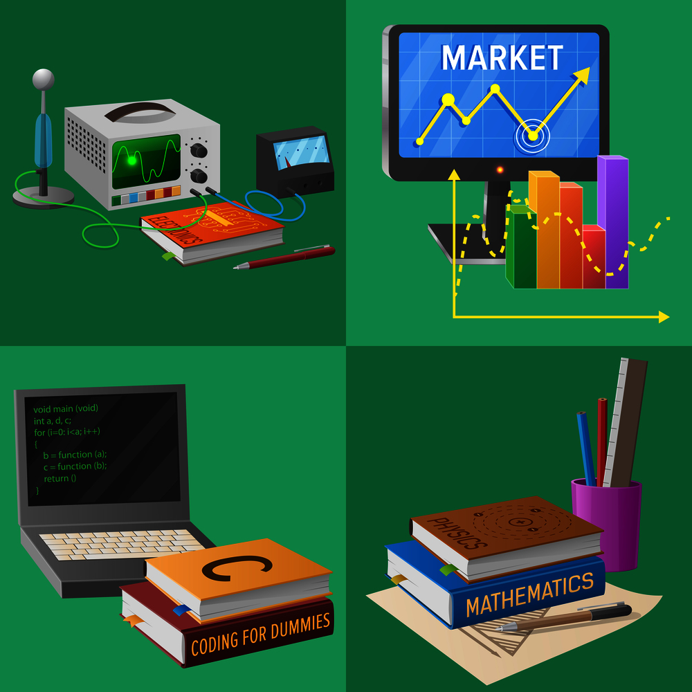 Electrical scheme connected with wires, screen with graphic of success on market, open laptop and modern telescope vector illustration on green. Devices for Educational Activities Illustrations