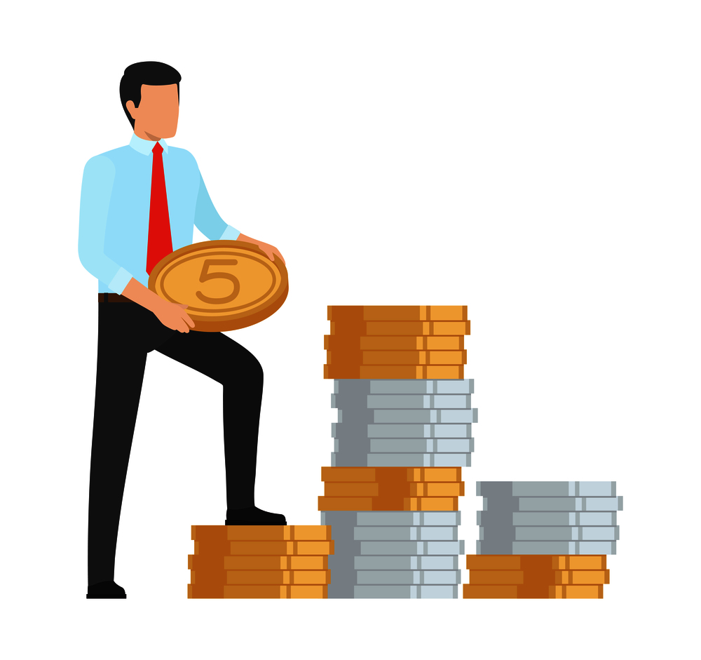 Man holding huge coin standing near to pile of same coins. Vector illustration with male and big amount of money isolated on white background. Man Saving Money Icon Vector Illustration
