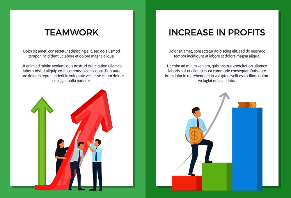 Teamwork and increase in profits representation with people working on arrow that indicates success and man with money. Vector illustration on white background. Teamwork and Increase in Profits Set of Posters