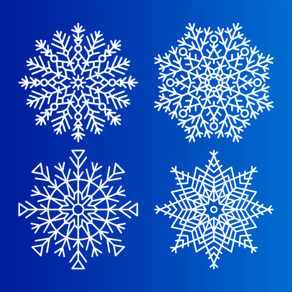 Snowflakes icons set of different shape and forms, unique symmetrical ice crystals, vector illustration white elements isolated on blue background. Snowflakes Icons Set of Different Shape and Forms