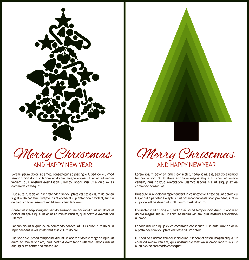 Merry Christmas and Happy New Year posters tree silhouette made up of symbolic green icons, stars and balls, mistletoe bells ribbons isolated vector. Merry Christmas Happy New Year Posters with Tree