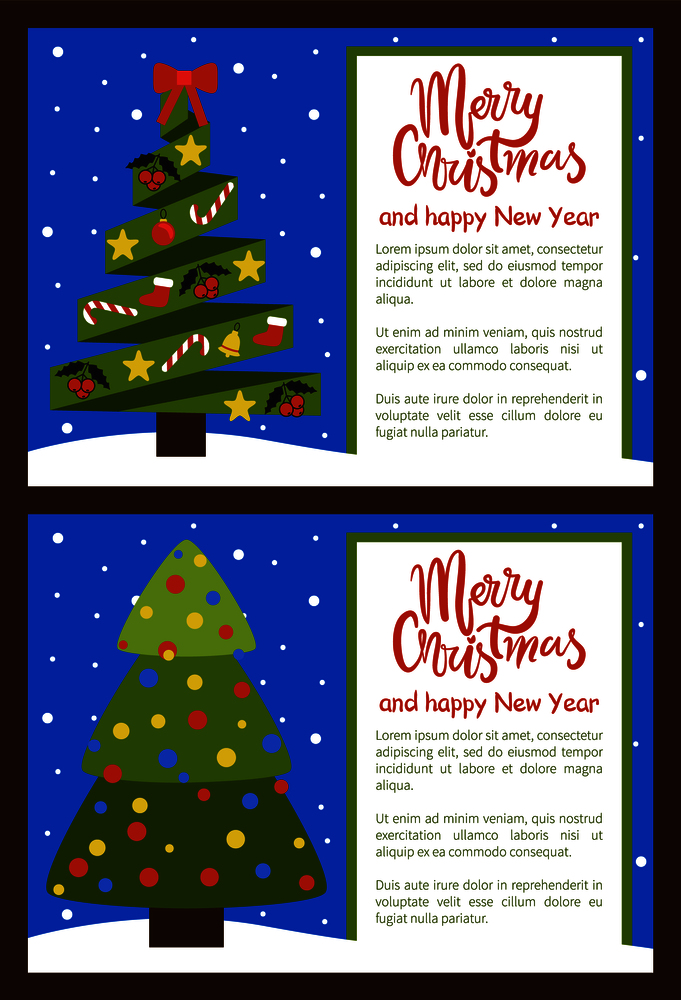 Merry Christmas and Happy New Year posters set, trees made of ribbons, decoration elements stars and candies, balls and mistletoe, sock isolated vector. Merry Christmas Happy New Year Posters with Tree