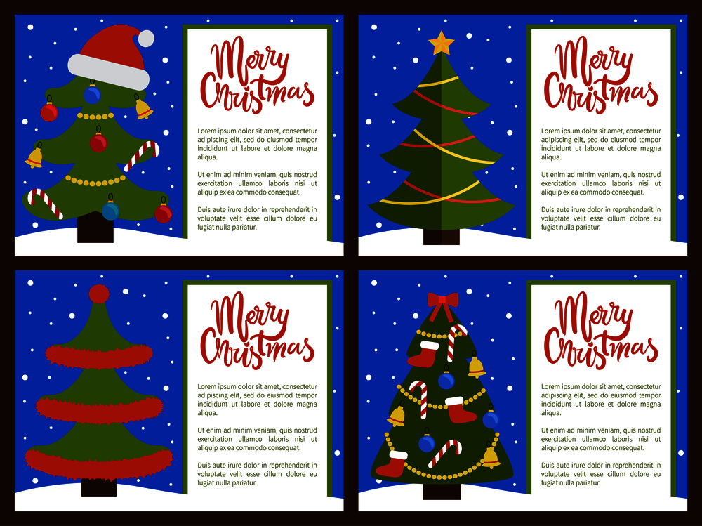 Merry Christmas and Happy New Year posters set of trees, ribbons decoration elements, stars and candies, balls and mistletoe vector on snowy backdrop. Merry Christmas Happy New Year Posters with Tree
