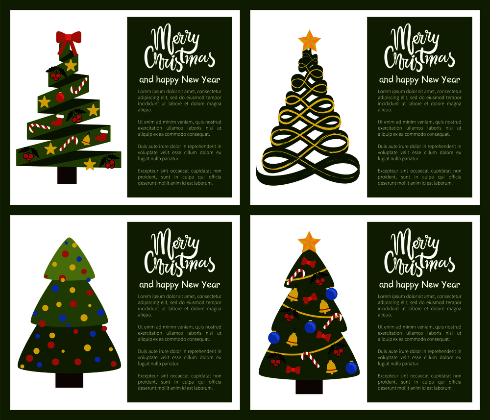 Merry Christmas and Happy New Year posters tree made of geometric shapes, silver silhouette, vector illustration of green spruce plant web banners. Merry Christmas Happy New Year Poster Set withTree