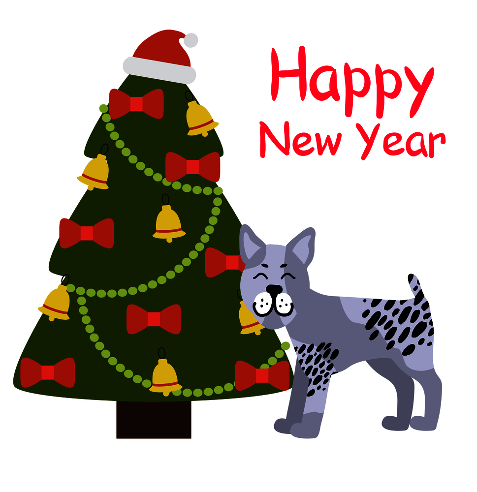 Happy New Year banner with grey dog standing near decorated Christmas tree with red bows, golden garlands and bells topped by Santa&rsquo;s hat vector. Happy New Year Banner with Grey Dog near Xmas Tree