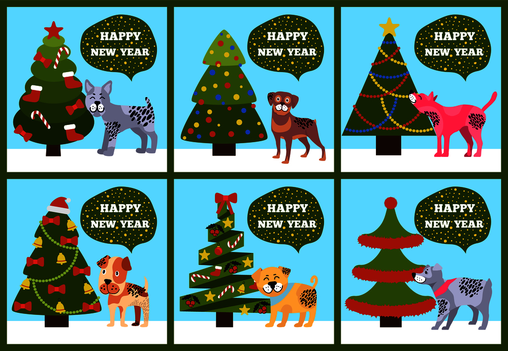 Greeting cards on blue background, merry wishes Happy New Year from dotted puppies under Christmas trees set vector illustration postcards with dogs. Greeting Cards on Green Merry wish Puppy Tree Set