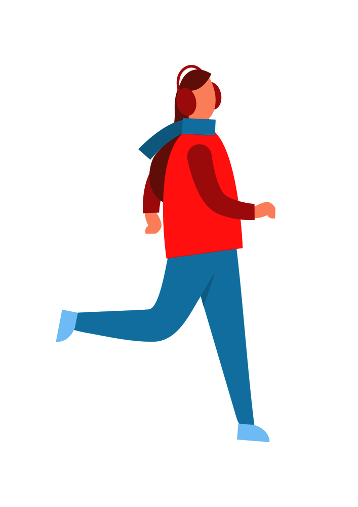 Woman in earphones running in warm winter cloth vector illustration isolated on white background. Girl dressed in jacket and blue jeans warming up. Woman in Earphones Running in Warm Winter Cloth
