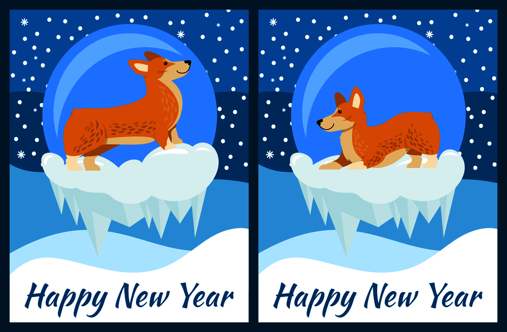 Happy New Year congratulation from playing on snow corgi on blue background with snowfall. Vector illustration with cute dog Chinese symbol of coming year. Happy New Year Congratulation from Playing Corgi