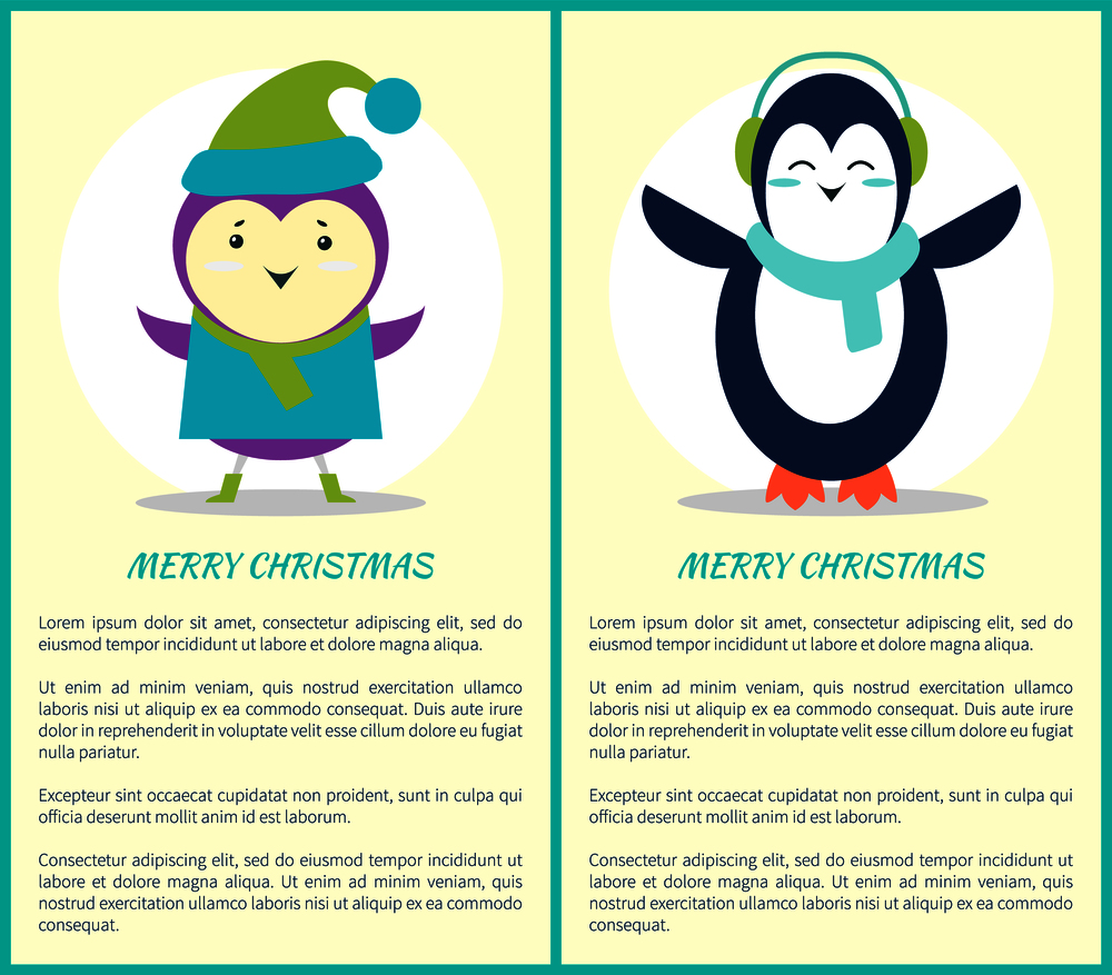 Merry Christmas, poster representing penguin with scarf and headphones and purple bird wearing sweater and knitted green hat on vector illustration. Merry Christmas Penguin Bird Vector Illustration