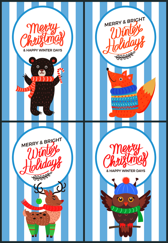 Merry Christmas and bright winter days 70s postcard with congratulations from cute animals in knitted clothes. Vector illustration on white-blue background. Merry Christmas and Bright Winter Days 70s Card