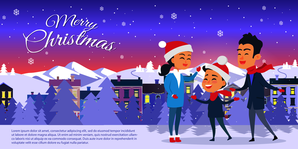 Postcard with Merry Christmas text. Vector illustration of smiling family father mother and son on white snowy field in red hats. Mountain forest and houses on the background, city entertainment. Postcard with Merry Christmas on City Background