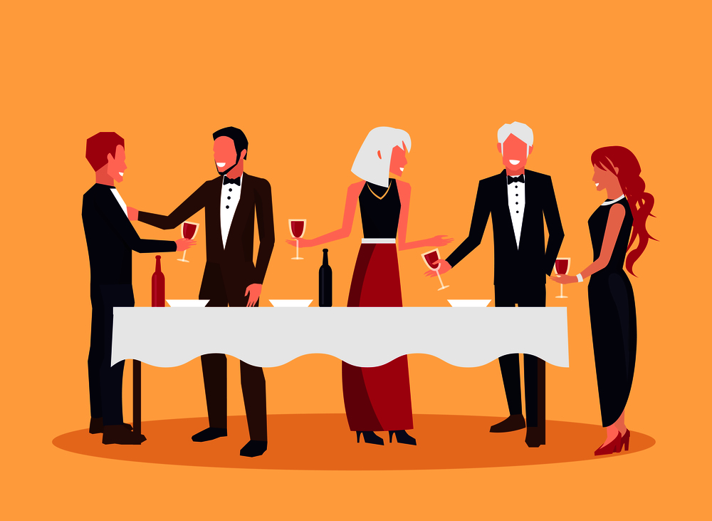 People in the process of drinking red wine and talking about something, standing by white table and holding glasses vector illustration. People Drinking and Talking Vector Illustration
