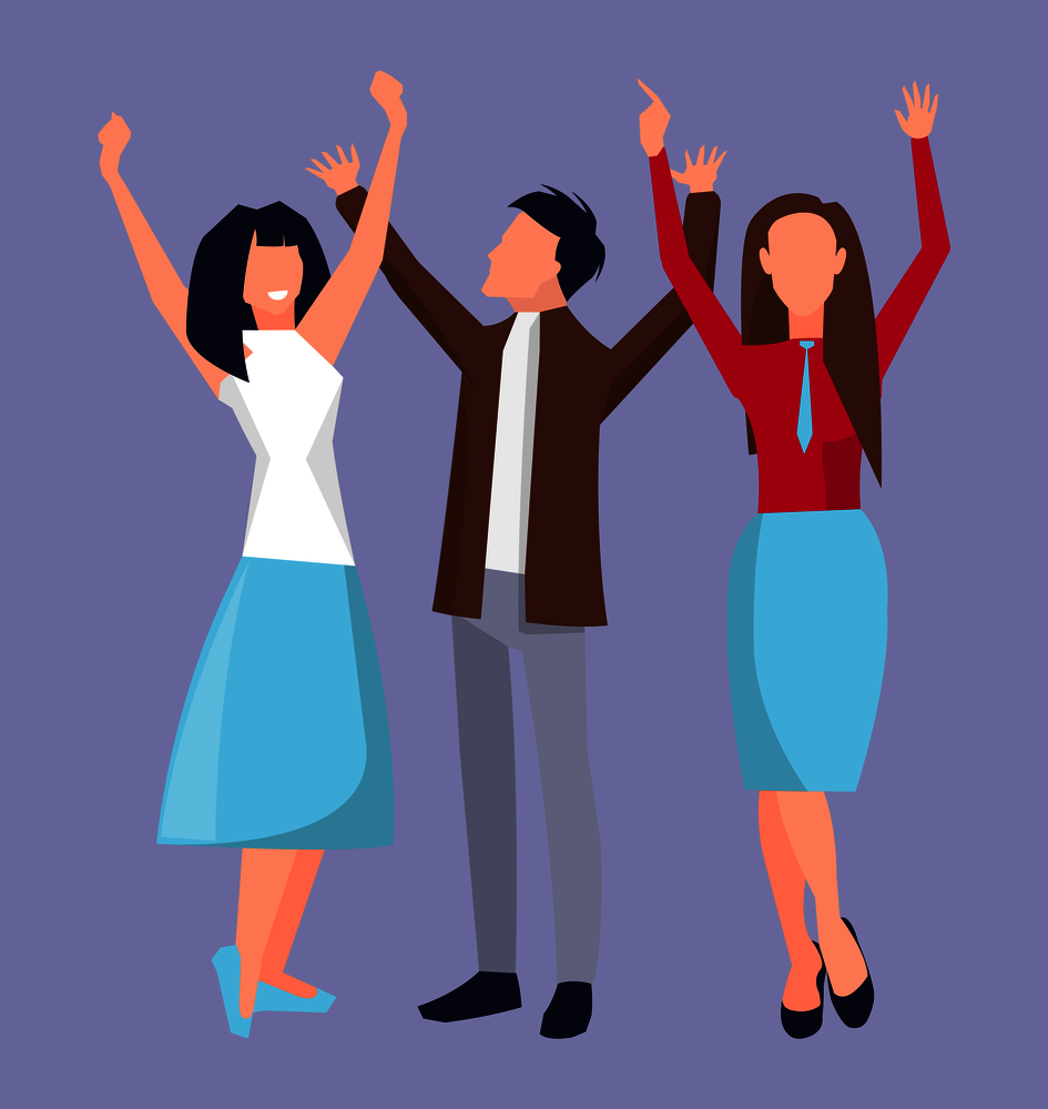 People raising their hands upward, smiling and having fun, partying together on vector illustration isolated on light-purple background. People Raising Their Hands on Vector Illustration