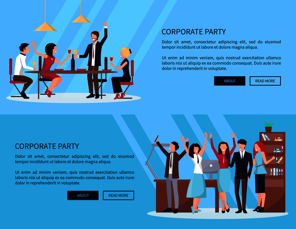 Web page of people in process of partying in office with computer, shelves and table, and drinking with meal vector illustration isolated on blue. Web Page of People Partying Vector Illustration