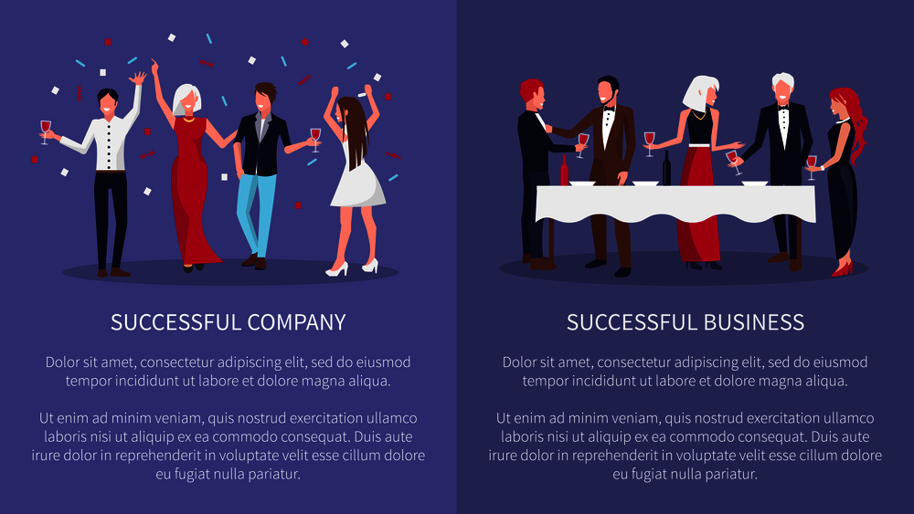 Successful company and business banner with people dancing, drinking cocktails and having fun on corporate party. Vector illustration on violet background. Successful Company & Business Vector Illustration
