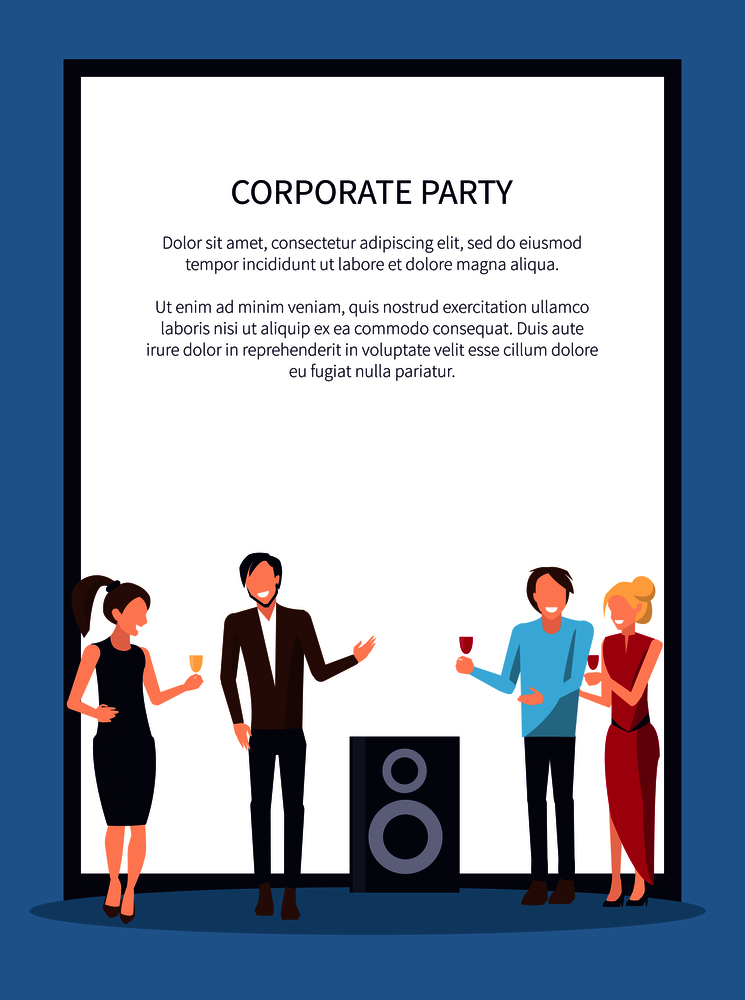 Corporate party, four persons drinking red wine and having good time at disco club on vector illustration isolated on white frame with place for text. Corporate Party Disco on Vector Illustration White