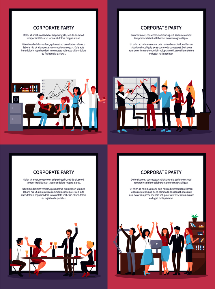 Corporate party set of four pictures with people in process of celebrating important event, whiteboard and scheme, vector in frame with text. Corporate Party Set of Four Vector Illustration