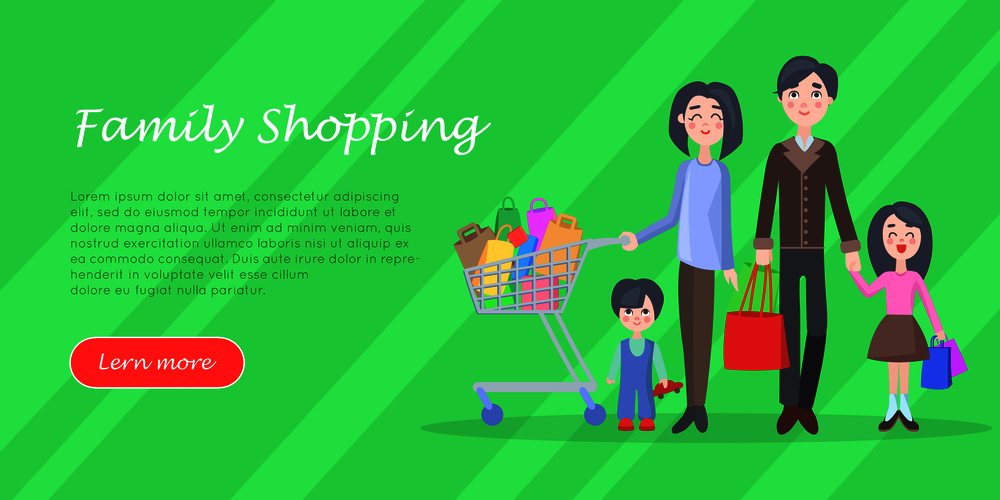 Family shopping banner. Young man and woman make purchases with kids cartoon flat vector illustration isolated on white background. Father and mother buying gifts on holiday sale with son and daughter. Family Shopping Cartoon Flat Vector Concept