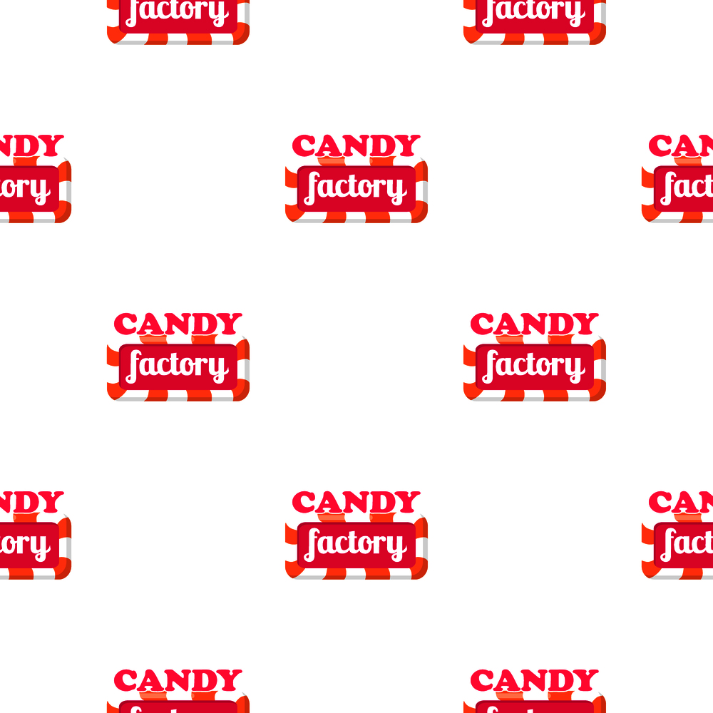 Seamless pattern with candy factory logo. Endless texture with label of sweets company isolated on white. Vector illustration of wrapping paper, wallpaper or package design in confectionery concept. Seamless Pattern with Candy Factory Logo. Vector