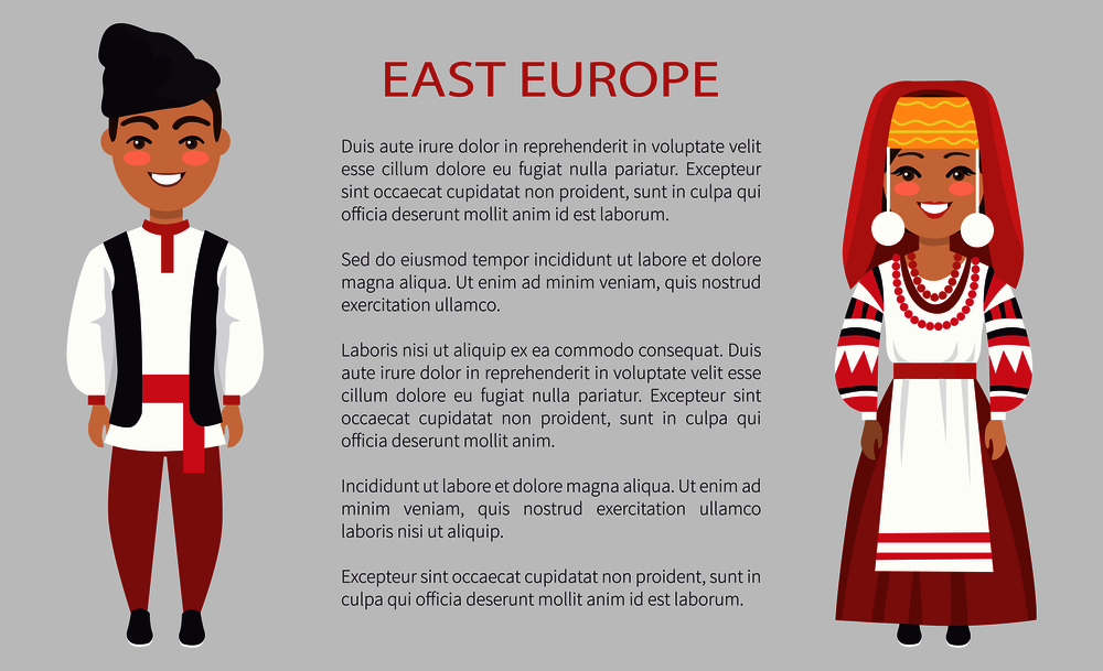 East europe costumes, woman wearing embroidered with red threads dress, man with hat on vector international day poster ethnic people with text. East Europe Costumes on Vector Illustration White
