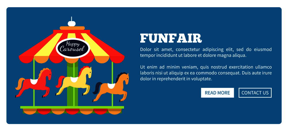 Funfair advertisement poster with colorful childish carousel with revolting horses. Vector illustration bright rotating horses attraction on blue. Funfair Advertisement Poster Vector Illustration