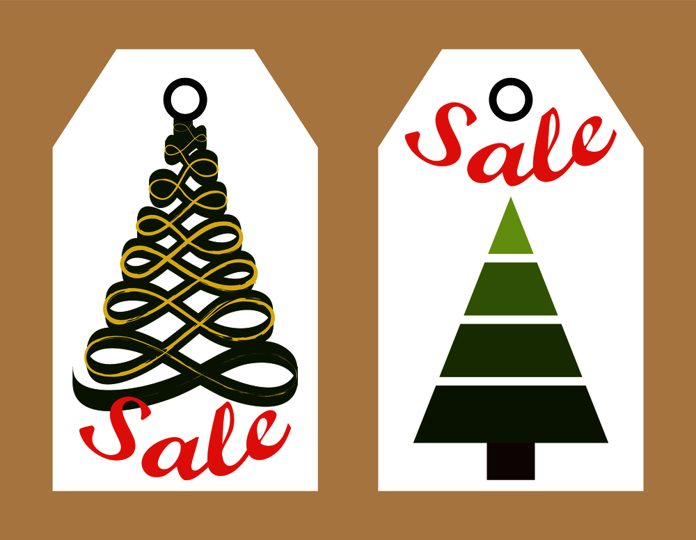 Sale New Year collection of stickers of white color with holes, schematic images of Christmas evergreen tree and headline on vector illustration. Sale New Year Collection on Vector Illustration