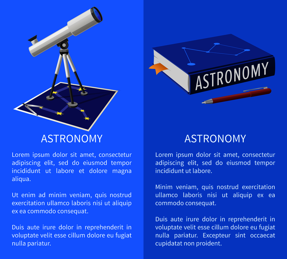 Astronomy banner with telescope device and school textbook, constellation map vector illustration icon with place for text on blue. Astronomy Banner with Frame Place for Text Vector