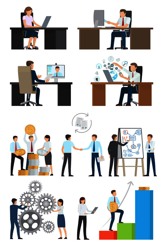 Technologies and success, pictures representing business people working, communicating and planning work together on vector illustration. Technologies and Success on Vector Illustration