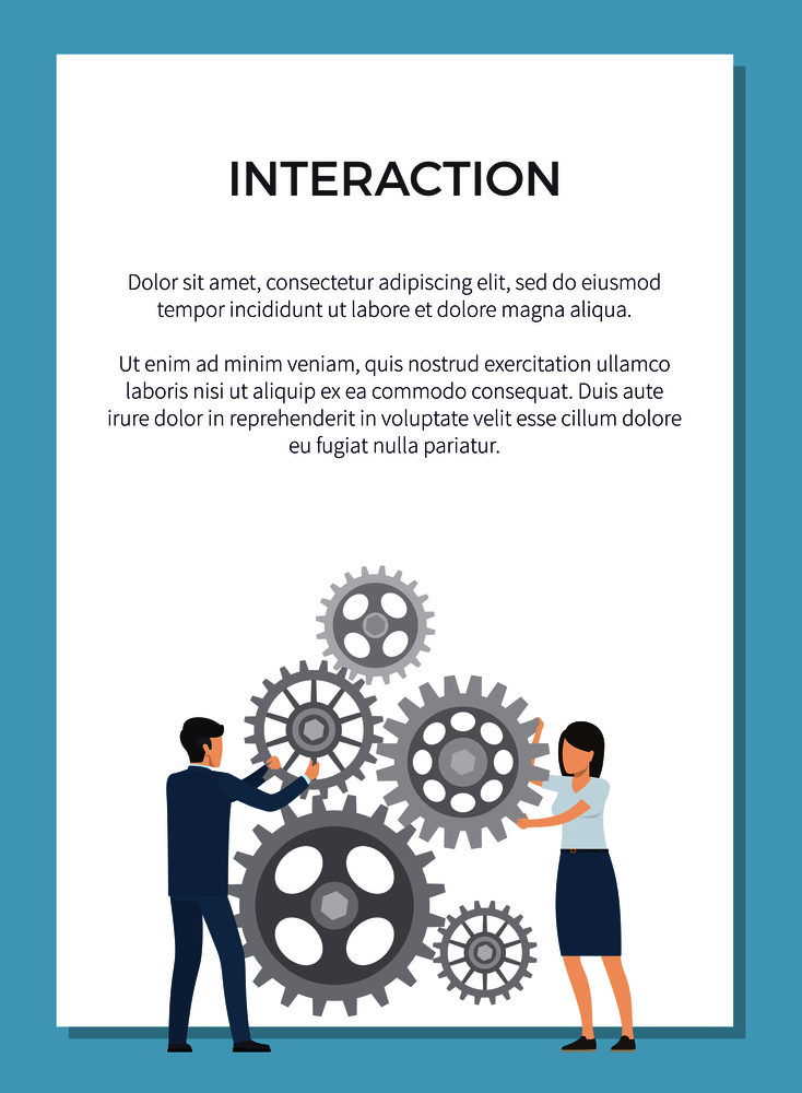 Interaction representation with two coworkers working together on mechanism. Vector illustration with man and woman on white background in blue frame. Interaction Visualization Vector Illustration