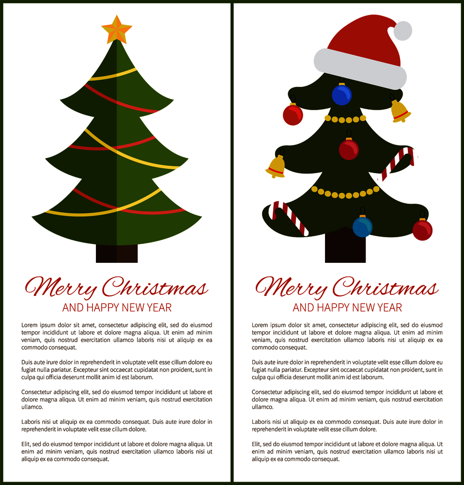Merry Christmas and Happy New Year posters with tree ornated with toys in forms of candies and bells, balls and garlands, big red hat of Santa vector. Christmas Tree Ornated with Toys Vector Illustration